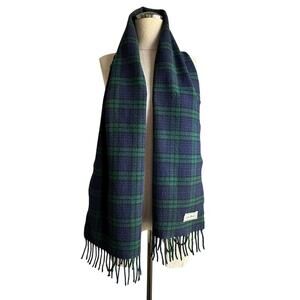 L.L.Bean Wool Blend Plaid Scarf Green Blue Tartan Made in Italy 50"x12"